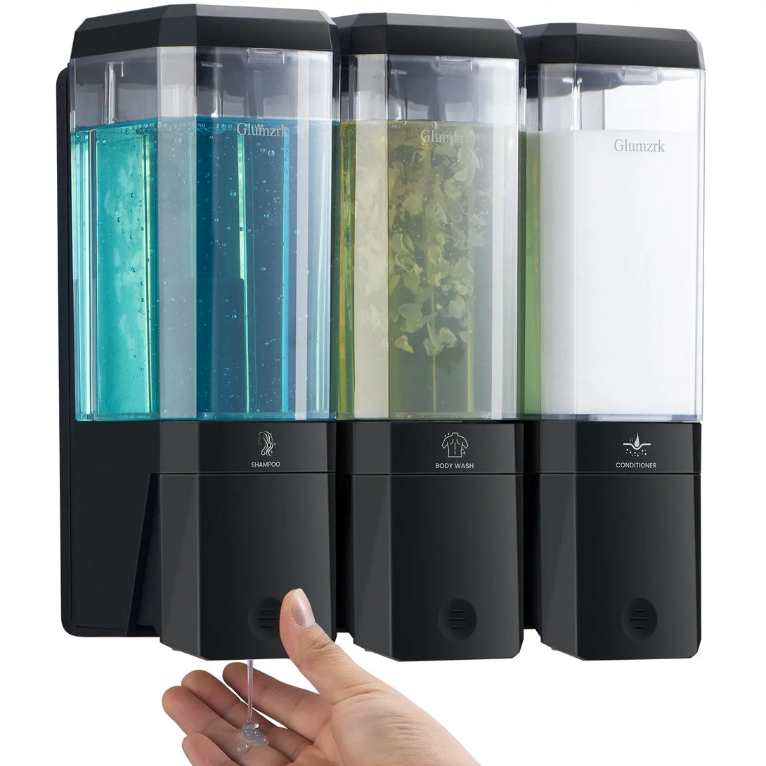 Twin (1000ml) and Triple (1500ml) Shampoo and Conditioner Dispenser 3 Chamber No Dill Shampoo Dispenser for Shower Wall Mounted GLUMZRK