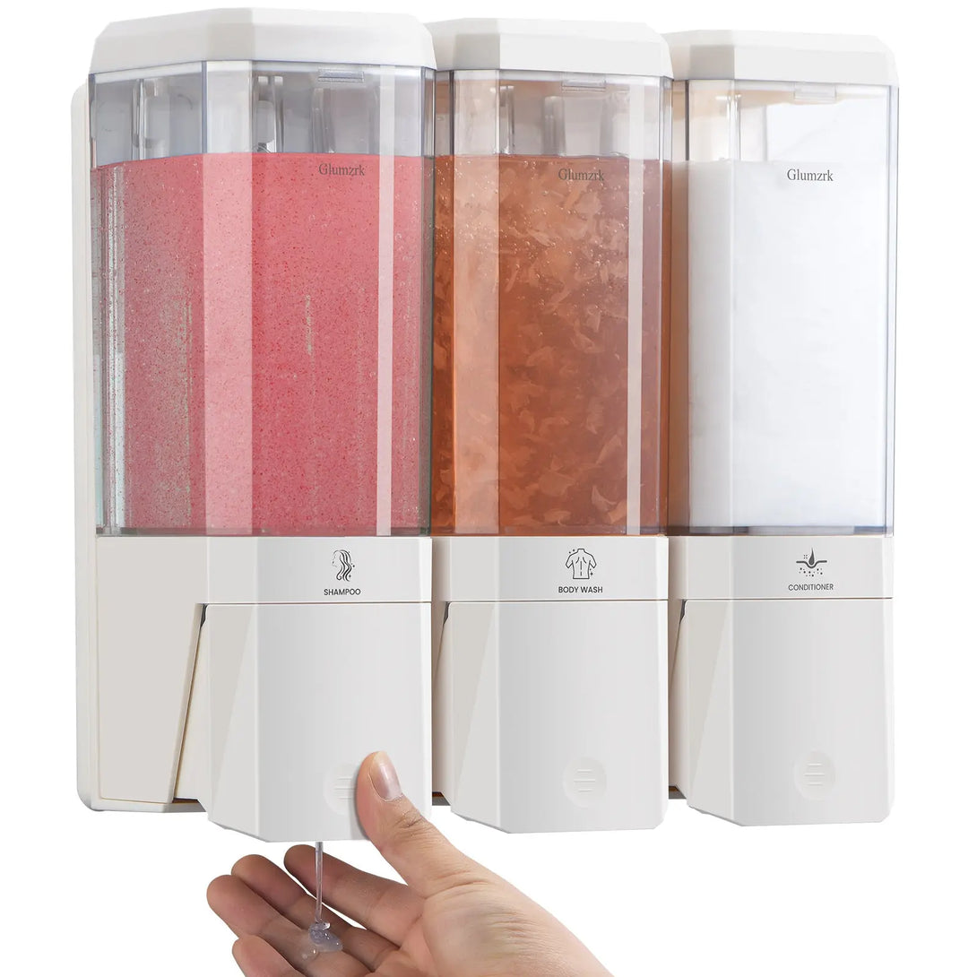 Twin (1000ml) and Triple (1500ml) Shampoo and Conditioner Dispenser 3 Chamber No Dill Shampoo Dispenser for Shower Wall Mounted GLUMZRK