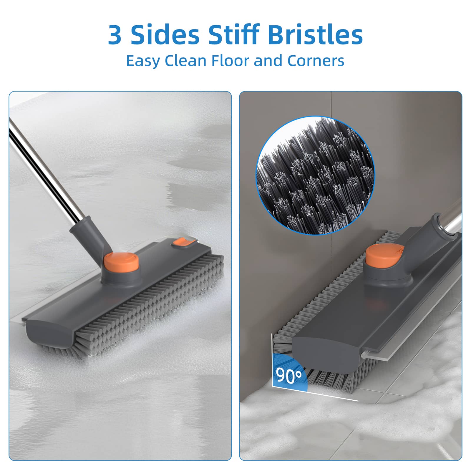 Scrub Brush with Long Handle, Floor Scrub Brush Squeegee Broom for Cleaning, 3 in 1 Shower Scrubber Floor Broom Squeegee for Concrete Tile Wall Deck Patio