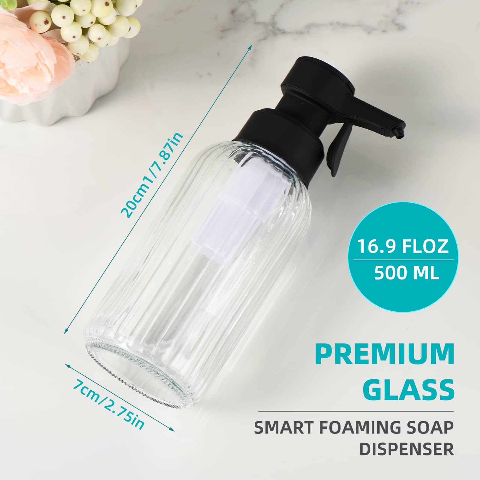 Automatic Foaming Soap Dispenser, 17oz Clear Glass Hand Soap Dispenser with ABS Touch Sensor Pump Battery Operated, Dish/Hand Soap Refillable for Bathroom Kitchen
