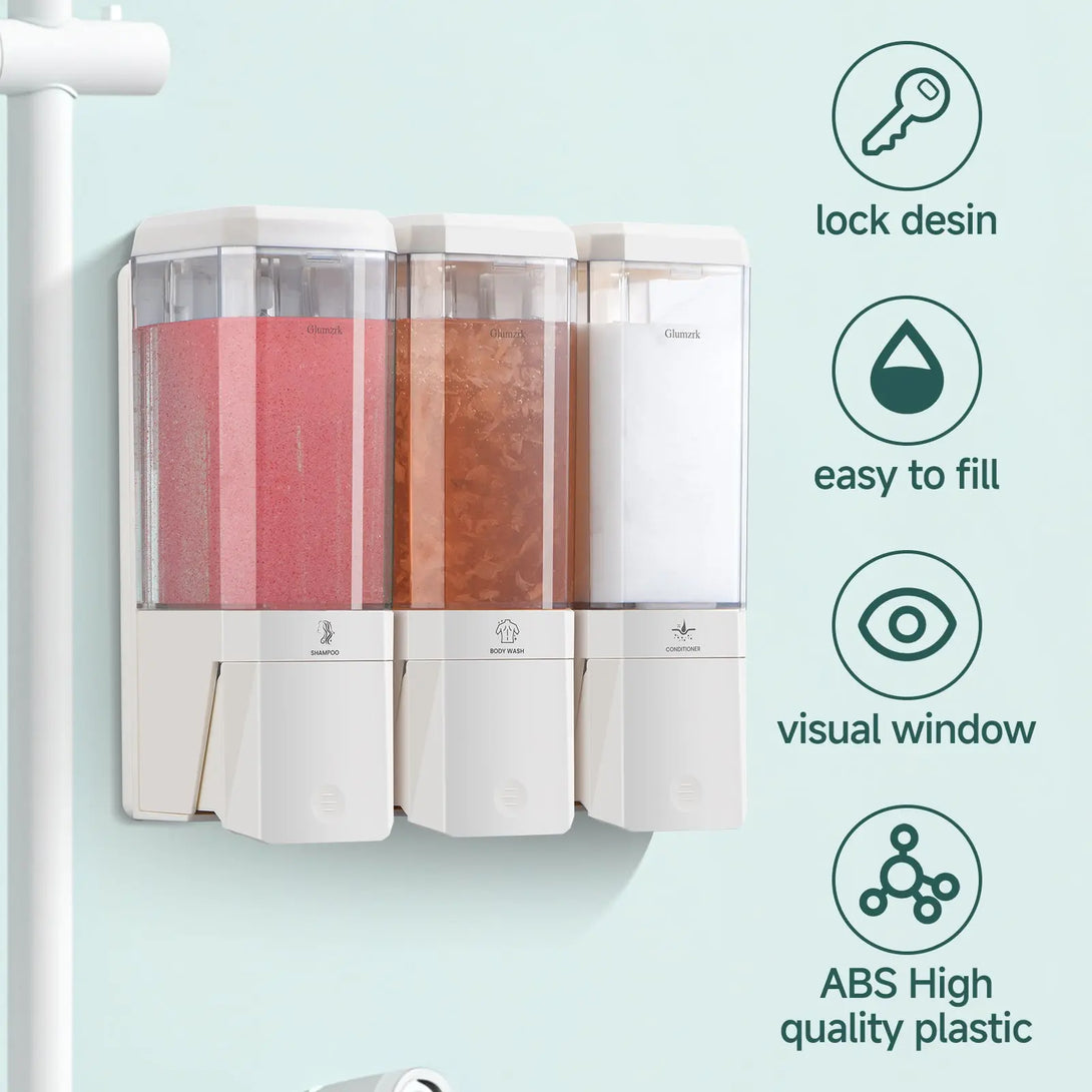 Twin (1000ml) and Triple (1500ml) Shampoo and Conditioner Dispenser 3 Chamber No Dill Shampoo Dispenser for Shower Wall Mounted GLUMZRK