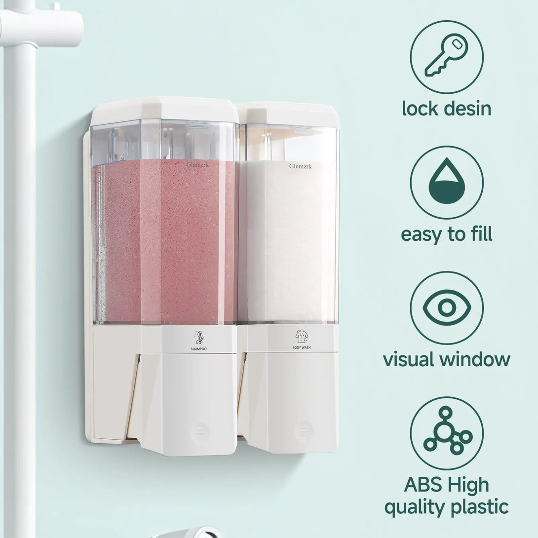 Twin (1000ml) and Triple (1500ml) Shampoo and Conditioner Dispenser 3 Chamber No Dill Shampoo Dispenser for Shower Wall Mounted GLUMZRK