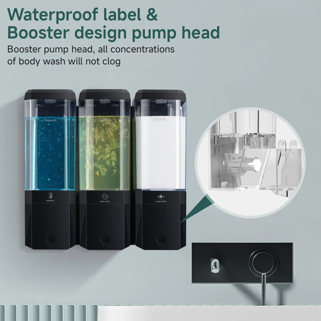 Twin (1000ml) and Triple (1500ml) Shampoo and Conditioner Dispenser 3 Chamber No Dill Shampoo Dispenser for Shower Wall Mounted GLUMZRK