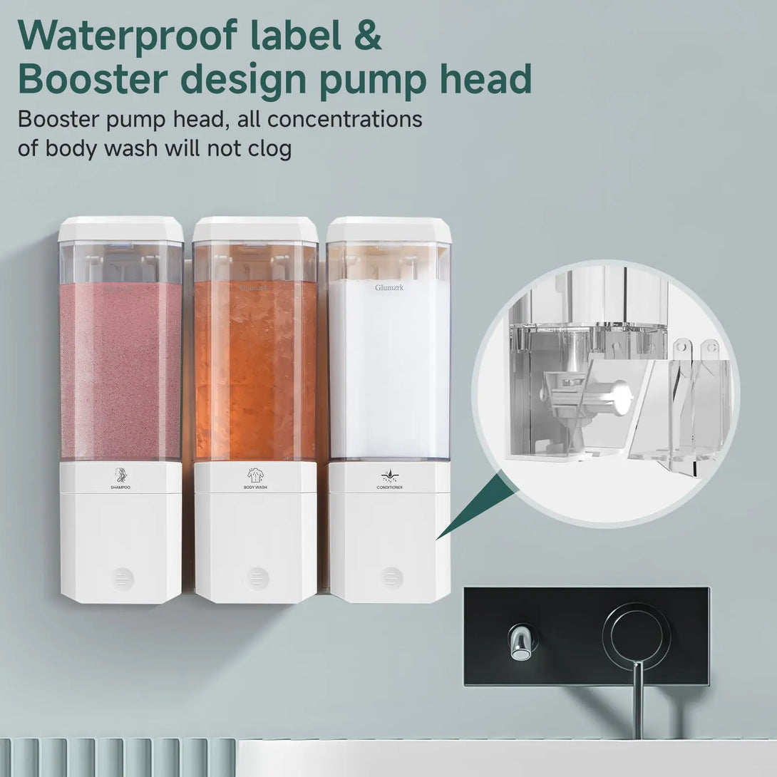 Twin (1000ml) and Triple (1500ml) Shampoo and Conditioner Dispenser 3 Chamber No Dill Shampoo Dispenser for Shower Wall Mounted GLUMZRK