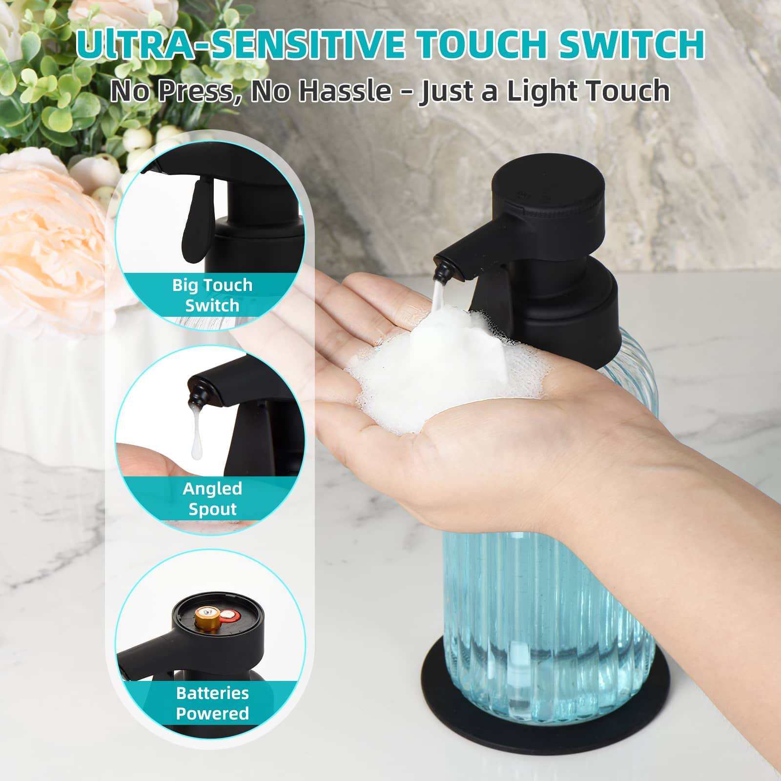 Automatic Foaming Soap Dispenser, 17oz Clear Glass Hand Soap Dispenser with ABS Touch Sensor Pump Battery Operated, Dish/Hand Soap Refillable for Bathroom Kitchen
