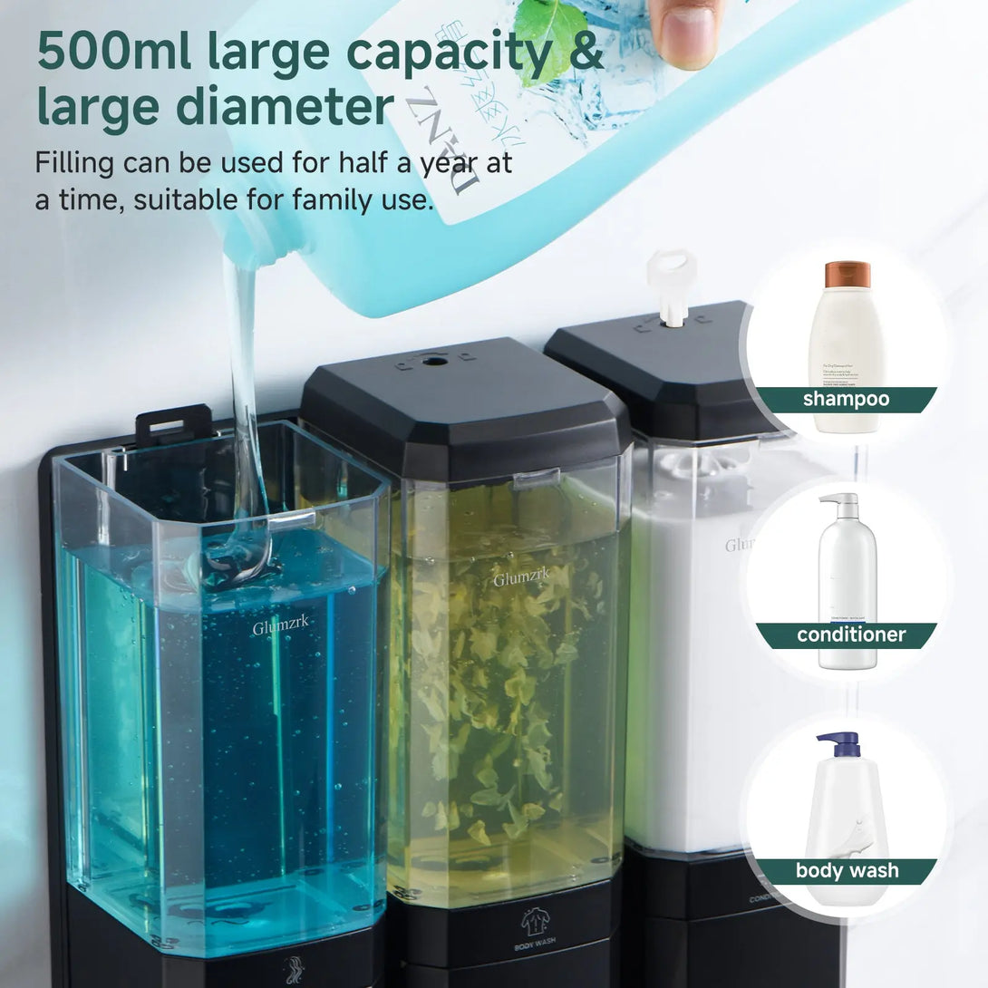 Twin (1000ml) and Triple (1500ml) Shampoo and Conditioner Dispenser 3 Chamber No Dill Shampoo Dispenser for Shower Wall Mounted GLUMZRK
