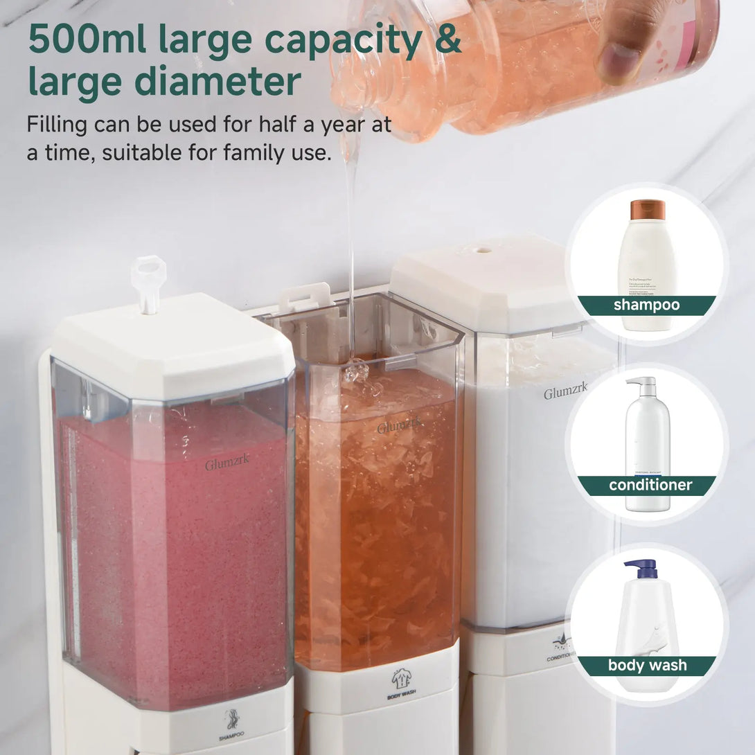 Twin (1000ml) and Triple (1500ml) Shampoo and Conditioner Dispenser 3 Chamber No Dill Shampoo Dispenser for Shower Wall Mounted GLUMZRK