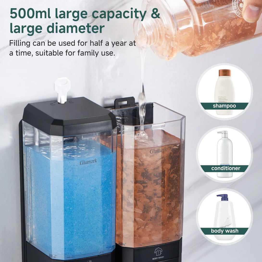 Twin (1000ml) and Triple (1500ml) Shampoo and Conditioner Dispenser 3 Chamber No Dill Shampoo Dispenser for Shower Wall Mounted GLUMZRK