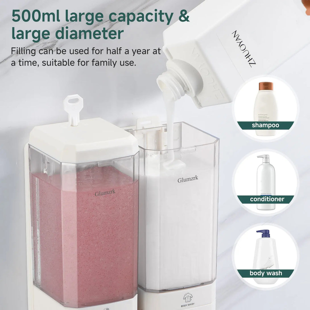 Twin (1000ml) and Triple (1500ml) Shampoo and Conditioner Dispenser 3 Chamber No Dill Shampoo Dispenser for Shower Wall Mounted GLUMZRK