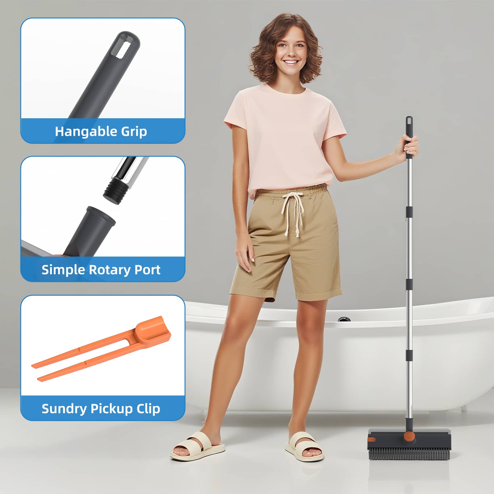 Scrub Brush with Long Handle, Floor Scrub Brush Squeegee Broom for Cleaning, 3 in 1 Shower Scrubber Floor Broom Squeegee for Concrete Tile Wall Deck Patio