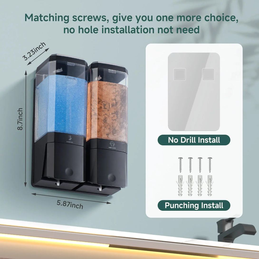 Twin (1000ml) and Triple (1500ml) Shampoo and Conditioner Dispenser 3 Chamber No Dill Shampoo Dispenser for Shower Wall Mounted GLUMZRK