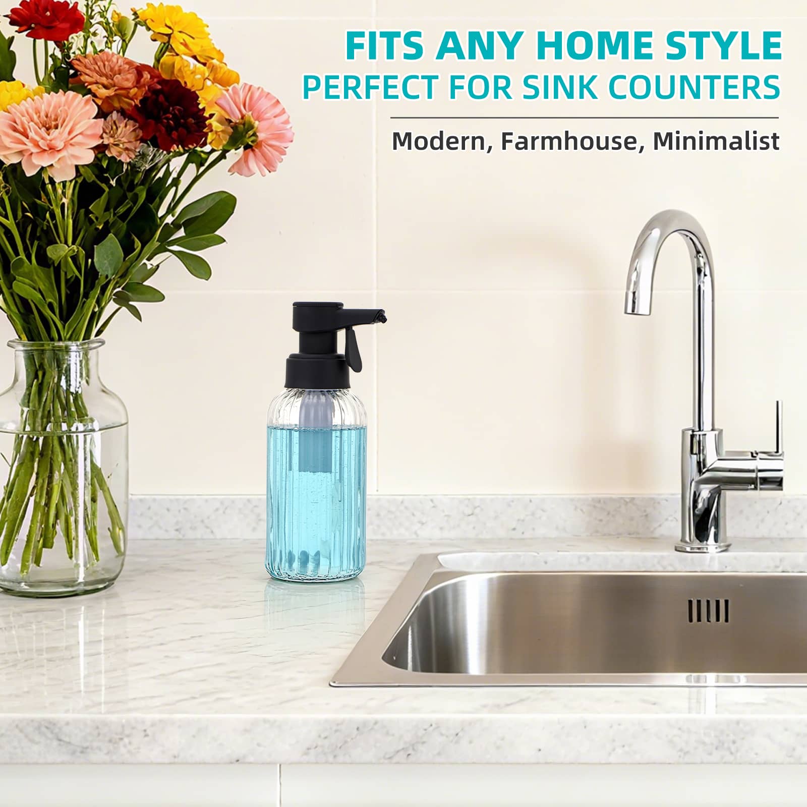 Automatic Foaming Soap Dispenser, 17oz Clear Glass Hand Soap Dispenser with ABS Touch Sensor Pump Battery Operated, Dish/Hand Soap Refillable for Bathroom Kitchen