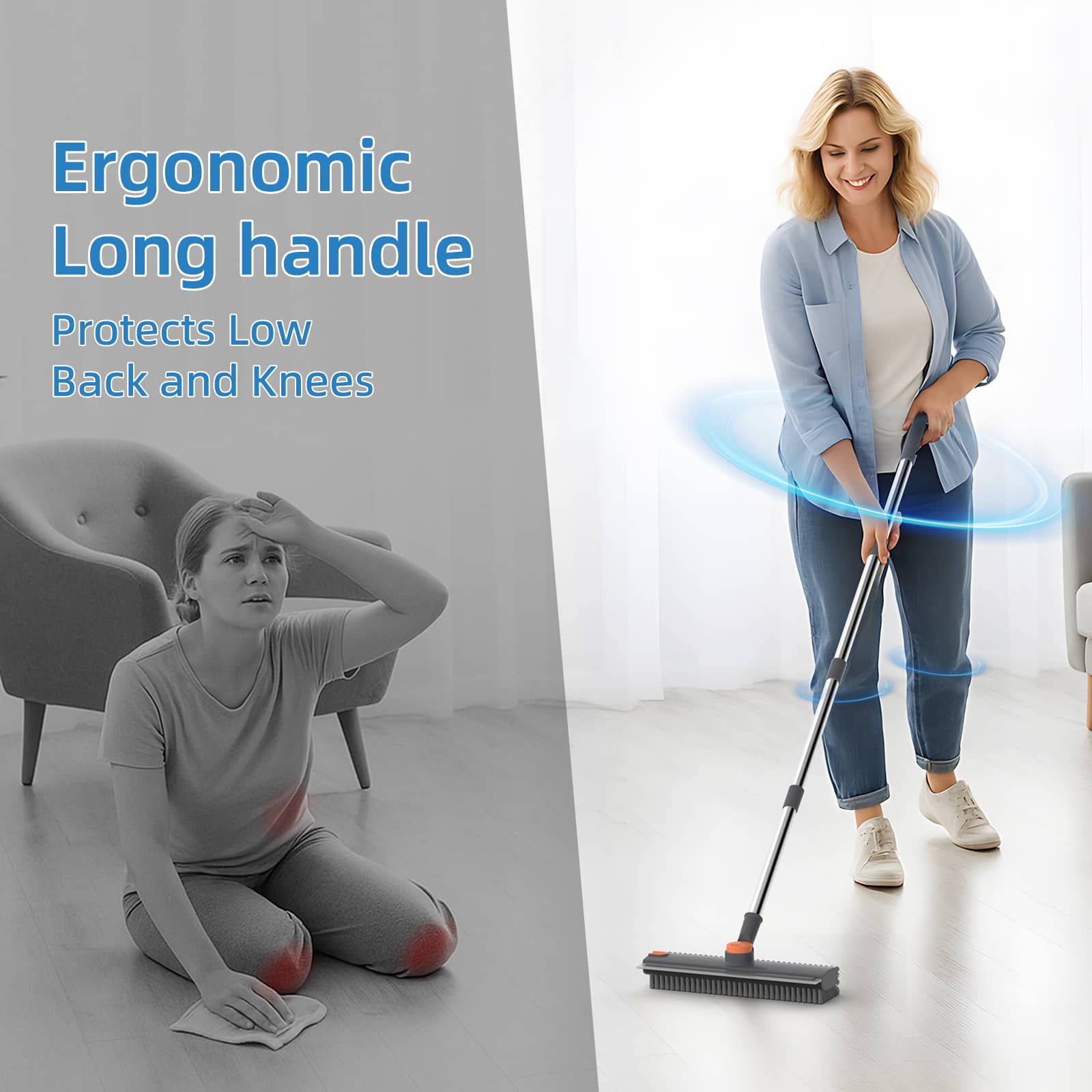 Scrub Brush with Long Handle, Floor Scrub Brush Squeegee Broom for Cleaning, 3 in 1 Shower Scrubber Floor Broom Squeegee for Concrete Tile Wall Deck Patio