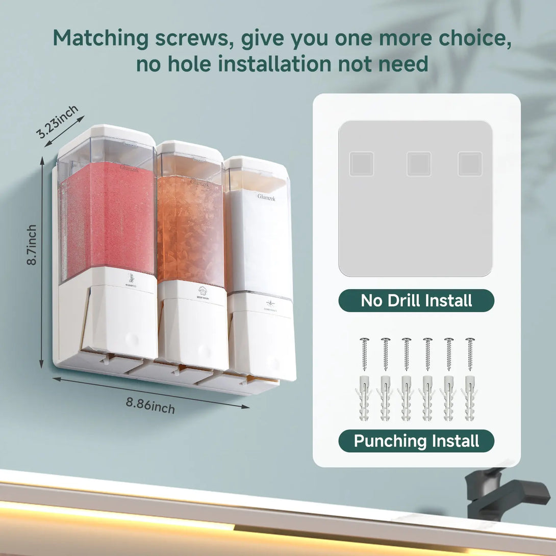Twin (1000ml) and Triple (1500ml) Shampoo and Conditioner Dispenser 3 Chamber No Dill Shampoo Dispenser for Shower Wall Mounted GLUMZRK