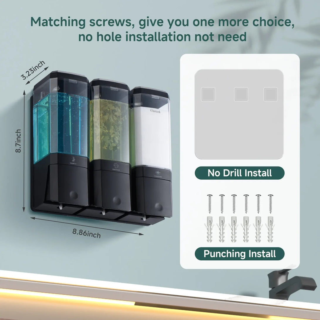 Twin (1000ml) and Triple (1500ml) Shampoo and Conditioner Dispenser 3 Chamber No Dill Shampoo Dispenser for Shower Wall Mounted GLUMZRK